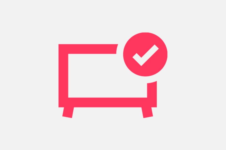 Red line diagram of a TV icon with tick mark on its top right corner.